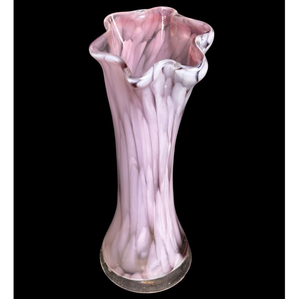 Vintage Hand Blown Pink and White Spatter Glass Ruffled Table Vase 6.5"